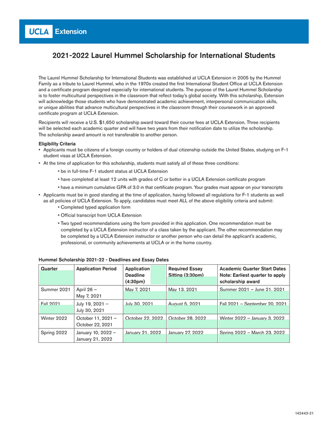 2021 2022 Laurel Hummel Scholarship For International Students screenshot