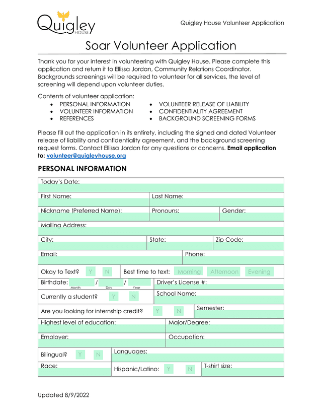 Quigley House Volunteer Application screenshot