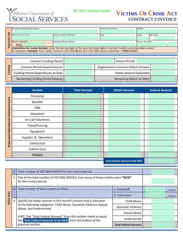 Victims Of Crime Act (VOCA) Contract Invoice screenshot
