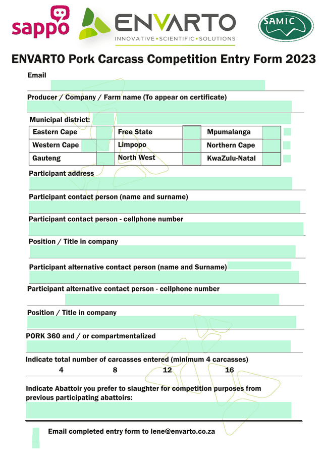 ENVARTO Pork Carcass Competition Entry Form 2023 screenshot