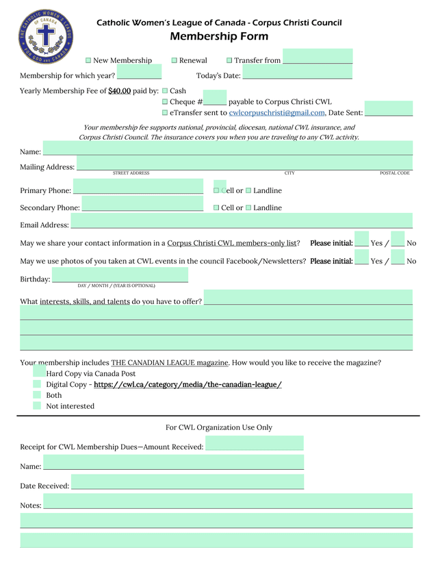Catholic WomenS League Of Canada   Corpus Christi Council Membership Form screenshot