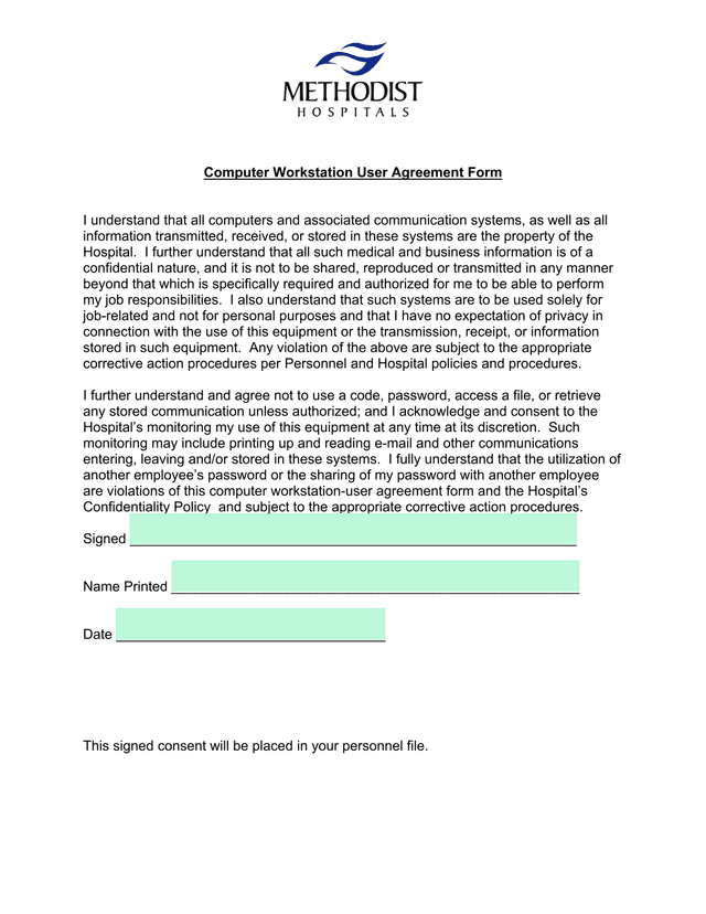 Computer Workstation User Agreement Form screenshot