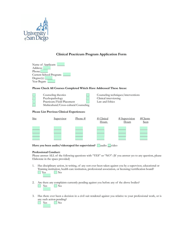 Clinical Practicum Program Application Form screenshot