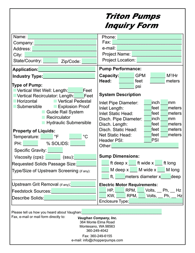 Triton Pumps Inquiry Form screenshot