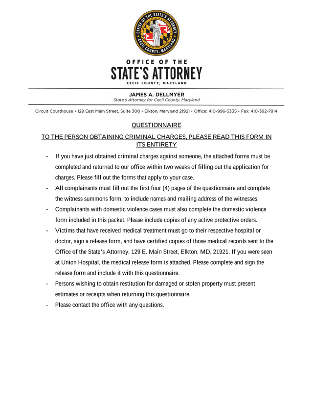 Questionnaire For Obtaining Criminal Charges screenshot