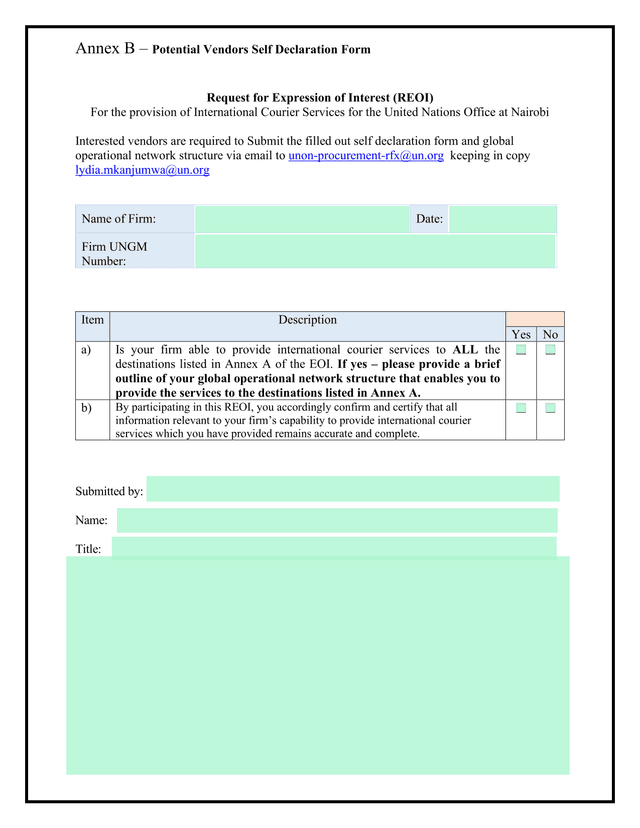 Annex B  Potential Vendors Self Declaration Form screenshot