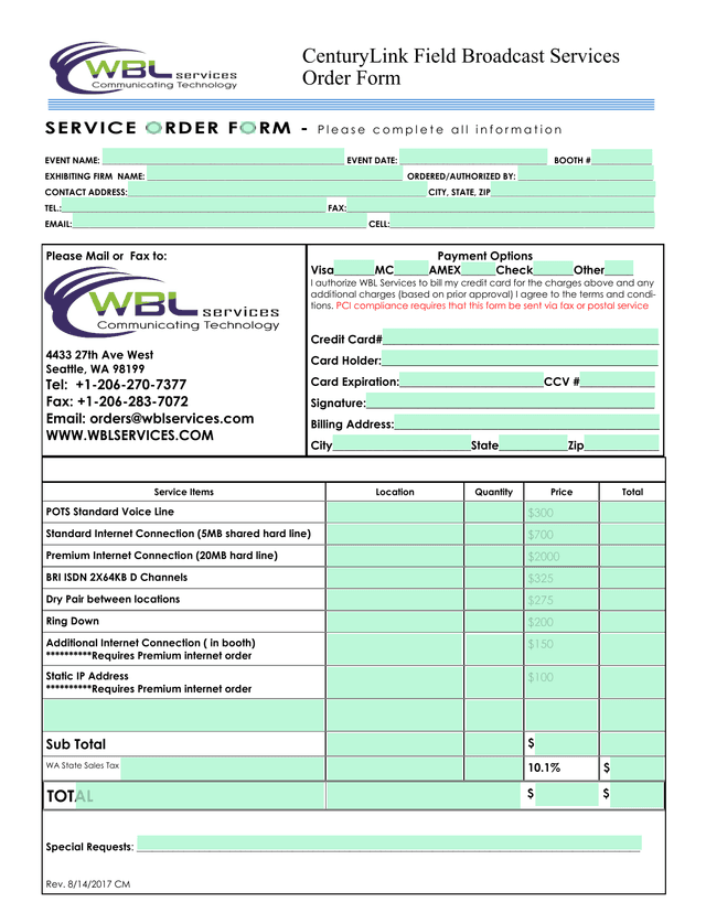 CenturyLink Field Broadcast Services Order Form screenshot