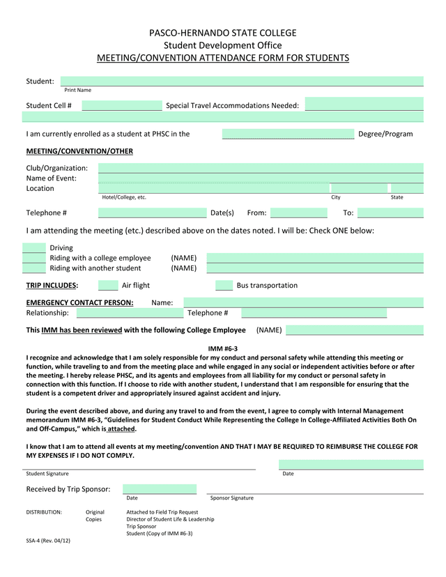 MEETINGCONVENTION ATTENDANCE FORM FOR STUDENTS screenshot