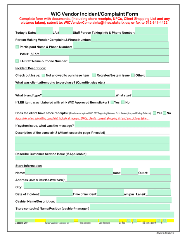 WIC Vendor IncidentComplaint Form screenshot
