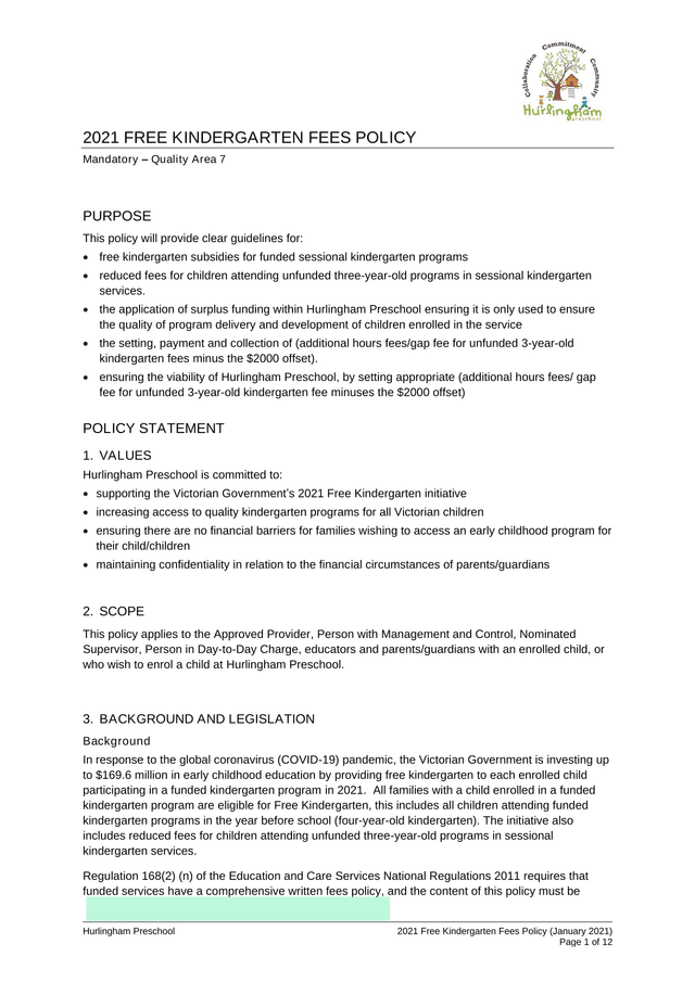 2021 Free Kindergarten Fees Policy screenshot