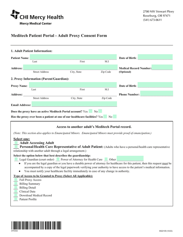 Meditech Patient Portal   Adult Proxy Consent Form screenshot