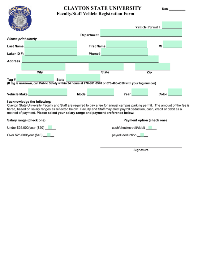 FacultyStaff Vehicle Registration Form screenshot