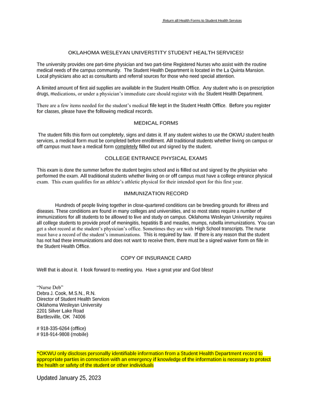 Oklahoma Wesleyan University Student Health Services Information screenshot