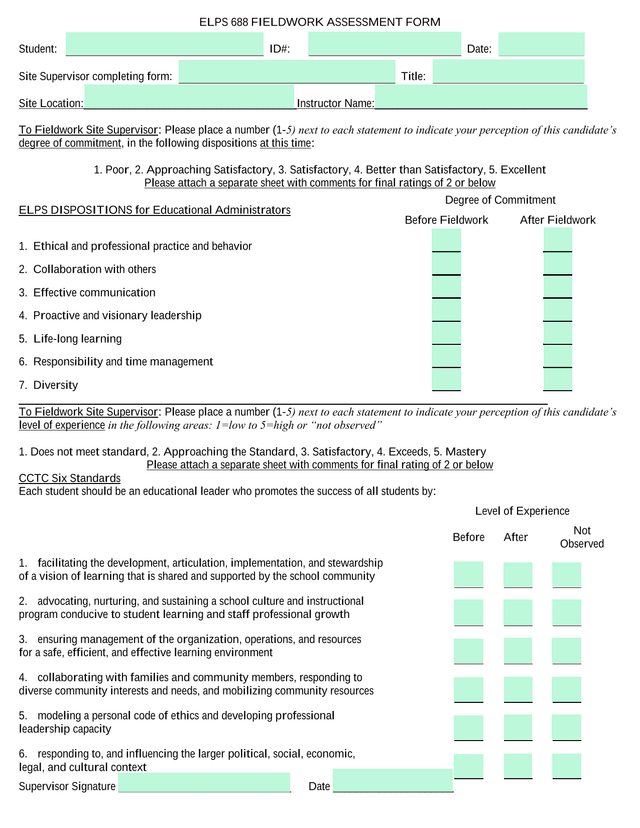 ELPS 688 FIELDWORK ASSESSMENT FORM screenshot