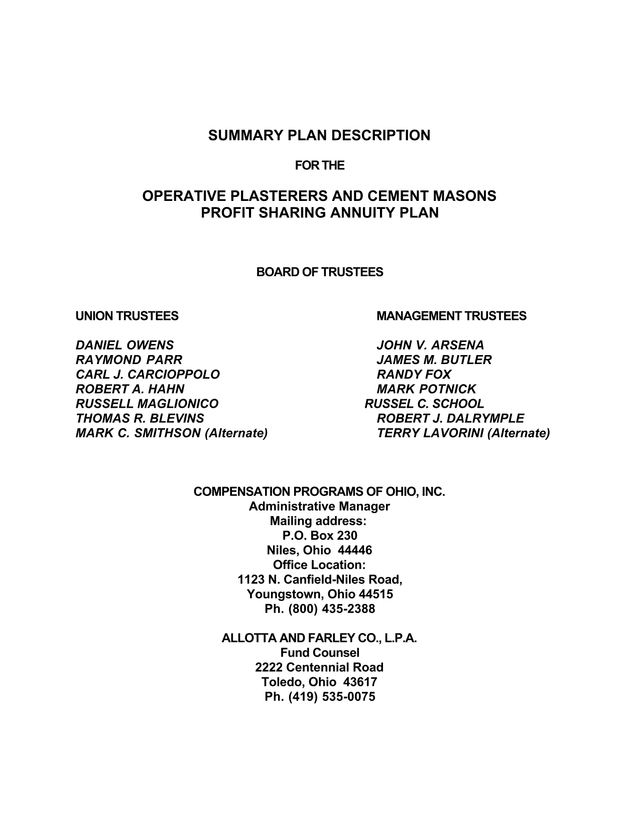 Operative Plasterers And Cement Masons Profit Sharing Annuity Plan Summary Plan Description screenshot