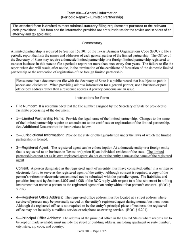 Form 804General Information (Periodic Report  Limited Partnership) screenshot
