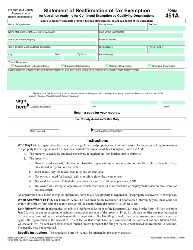 Statement Of Reaffirmation Of Tax Exemption (Form 451A) screenshot
