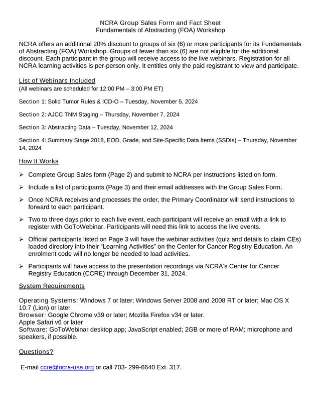 NCRA Group Sales Form And Fact Sheet screenshot
