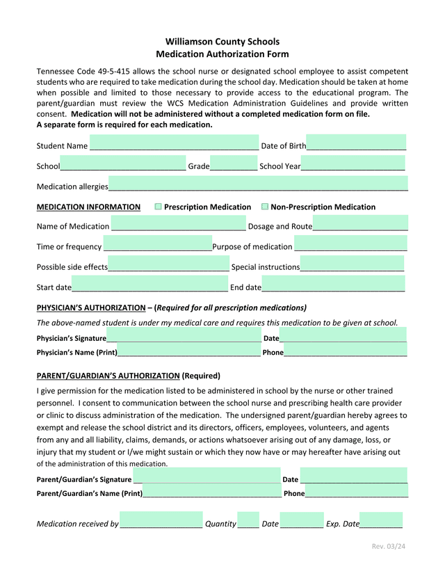 Williamson County Schools Medication Authorization Form screenshot