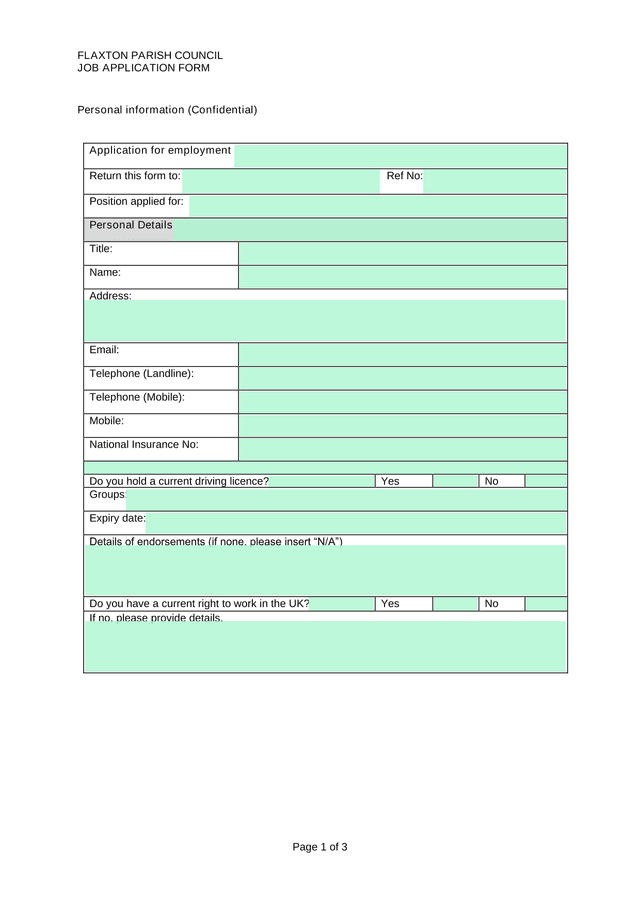 FLAXTON PARISH COUNCIL JOB APPLICATION FORM screenshot