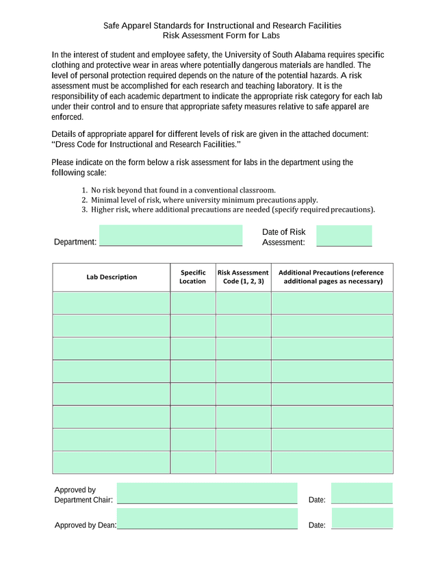 Safe Apparel Standards For Instructional And Research Facilities Risk Assessment Form For Labs screenshot