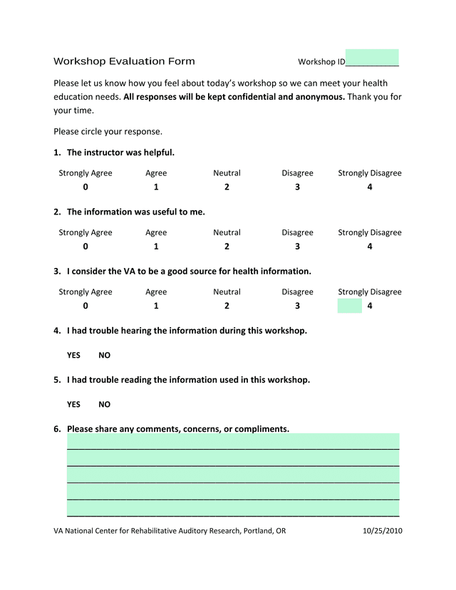 Workshop Evaluation Form screenshot