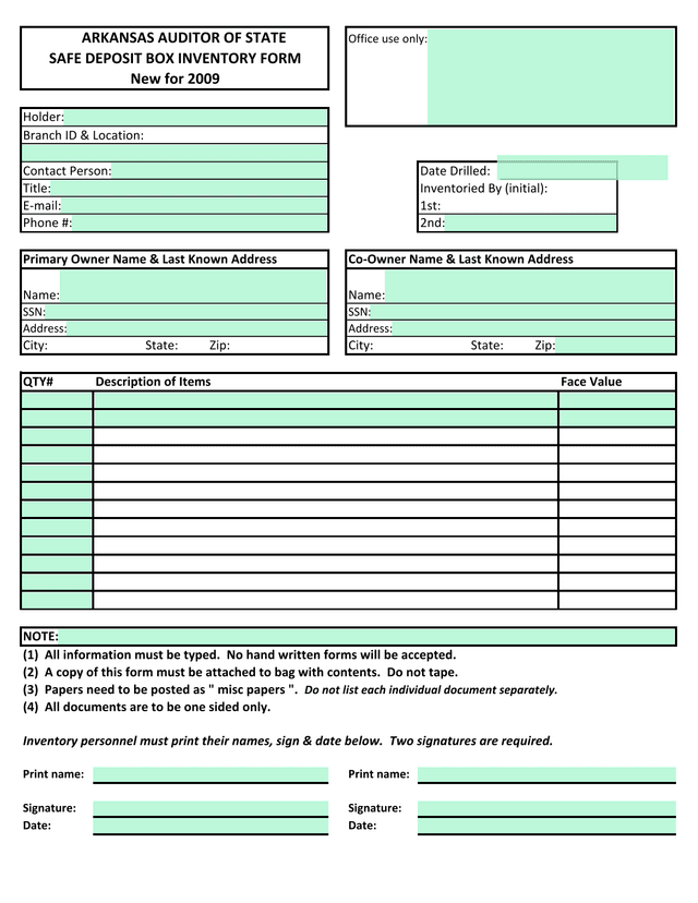 Safe Deposit Box Inventory Form screenshot