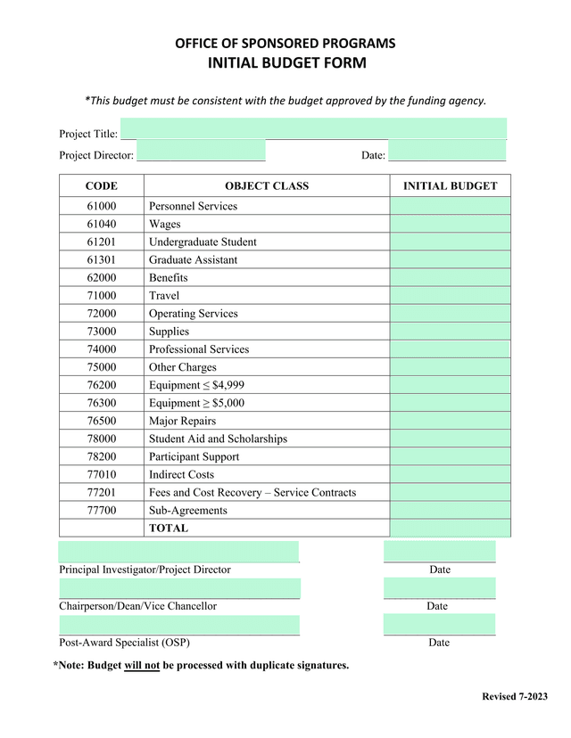 Initial Budget Form screenshot