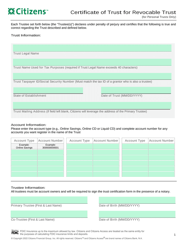 Certificate Of Trust For Revocable Trust screenshot