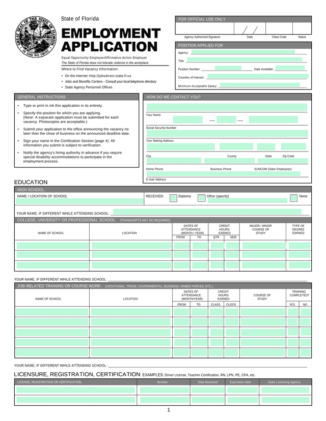 State Of Florida Employment Application screenshot