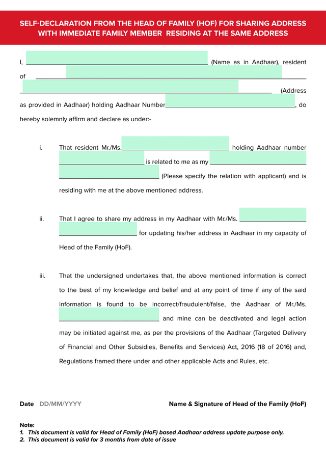 Self Declaration From The Head Of Family (HOF) For Sharing Address screenshot