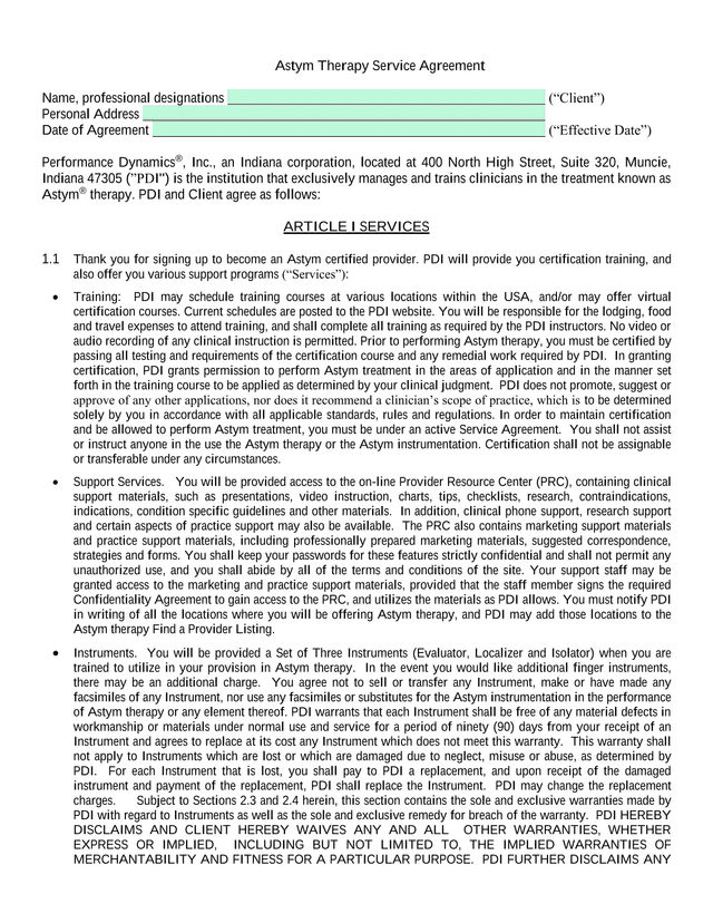 Astym Therapy Service Agreement screenshot