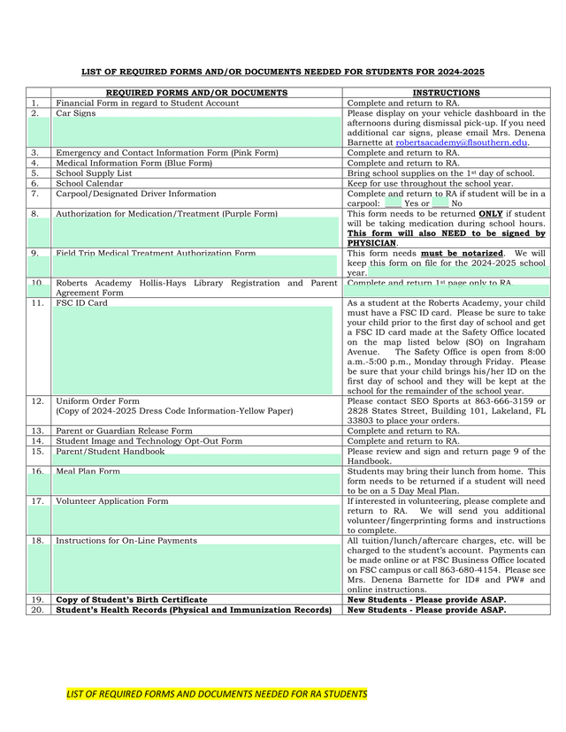 List Of Required Forms And Documents For RA Students 2024 2025 screenshot