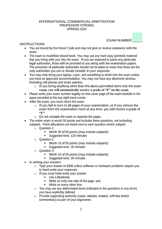 International Commercial Arbitration Exam screenshot