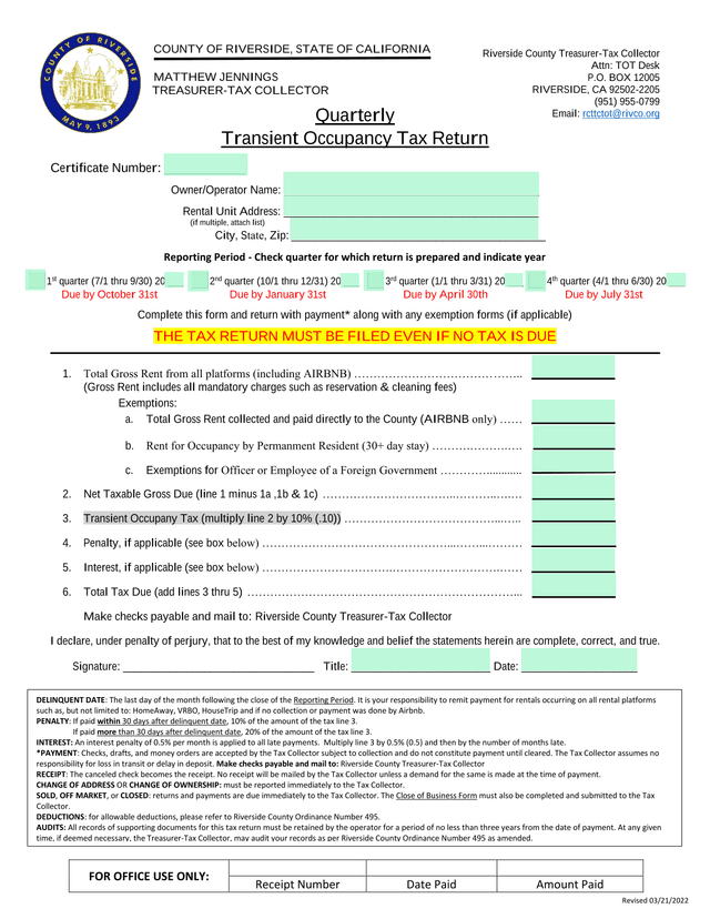 Quarterly Transient Occupancy Tax Return screenshot