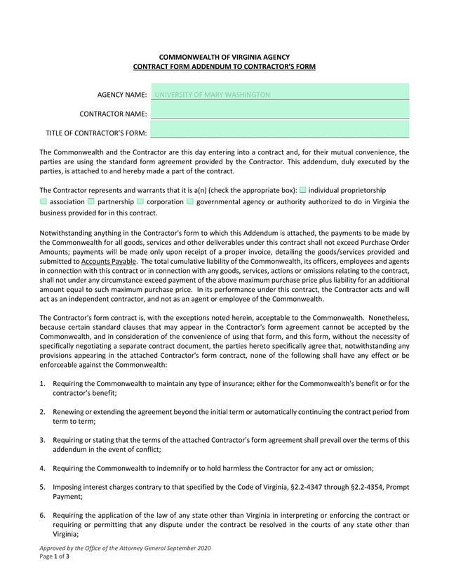 Commonwealth Of Virginia Agency Contract Form Addendum screenshot