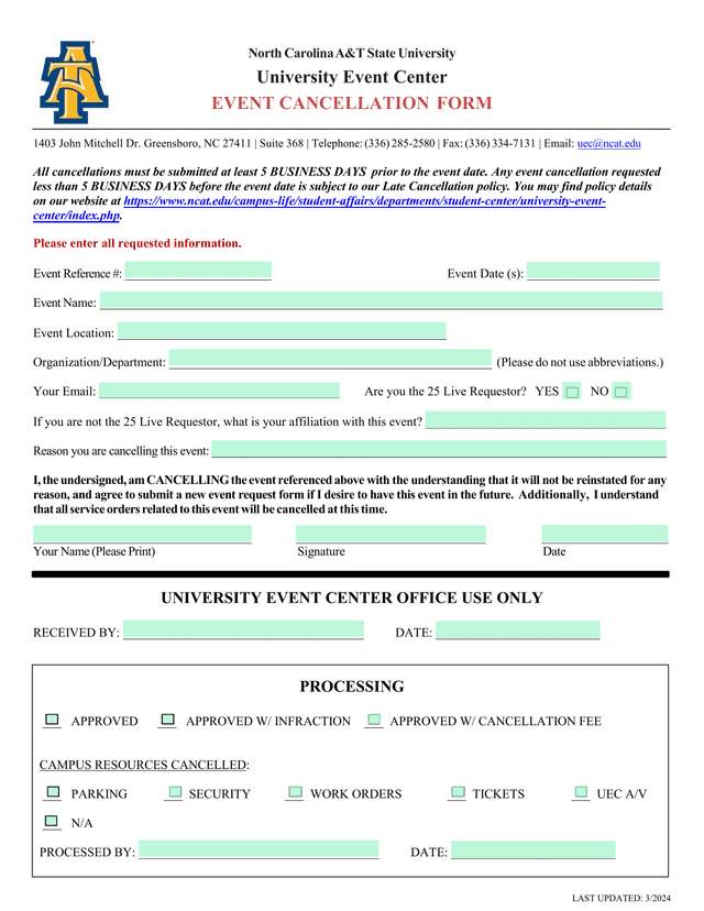 Event Cancellation Form screenshot