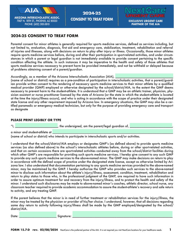 2024 25 CONSENT TO TREAT FORM screenshot