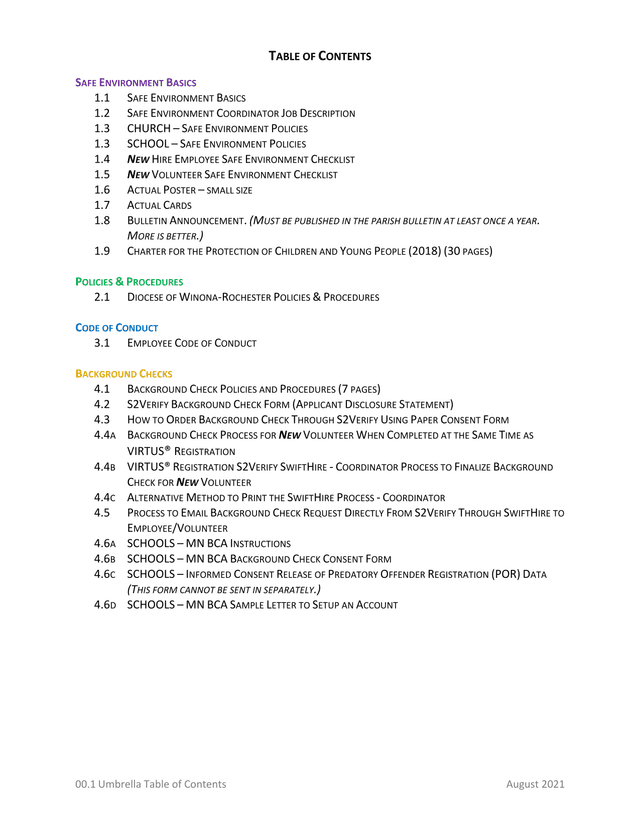 Umbrella Table Of Contents screenshot