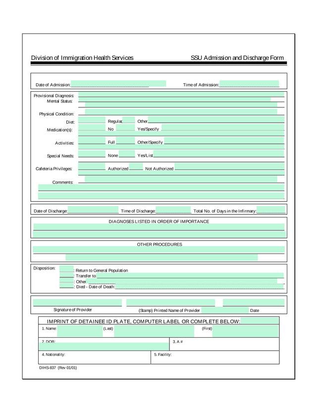 SSU Admission And Discharge Form screenshot