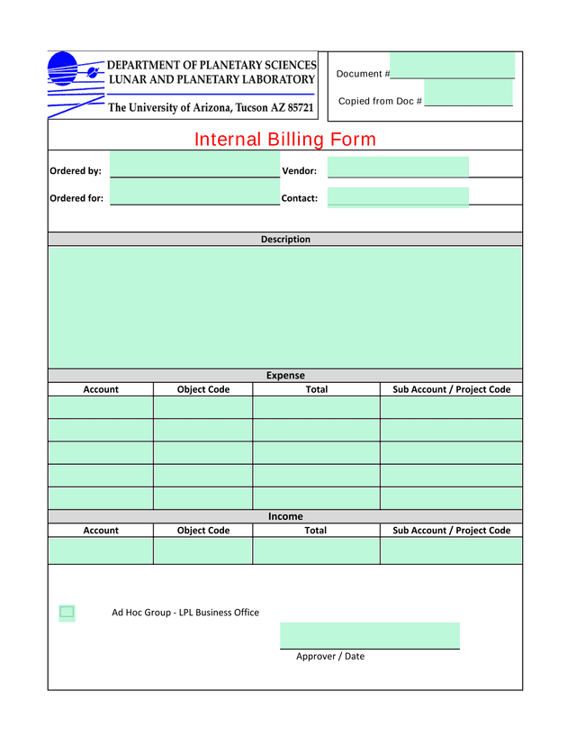 Internal Billing Form screenshot