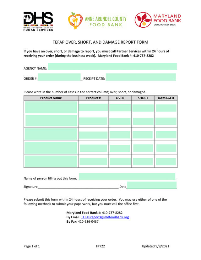 TEFAP OVER, SHORT, AND DAMAGE REPORT FORM screenshot