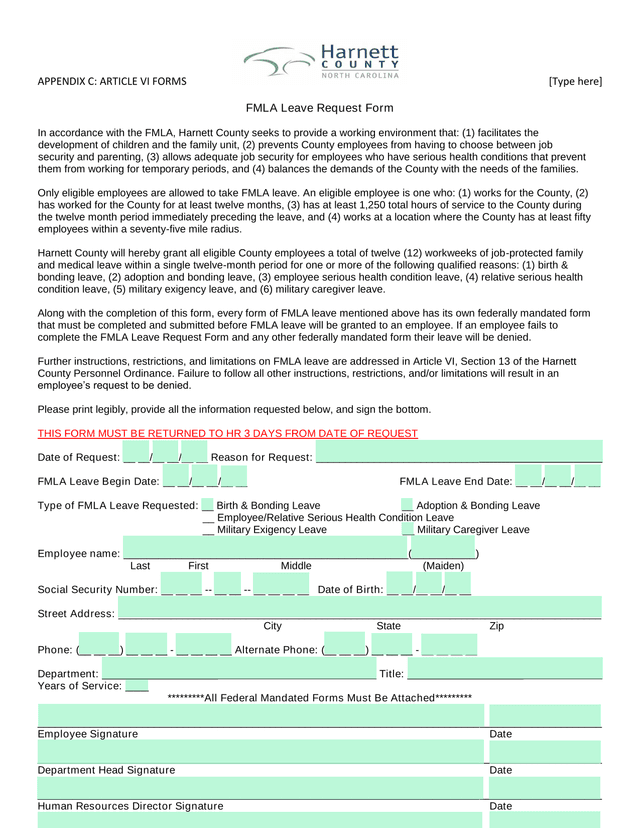 FMLA Leave Request Form screenshot