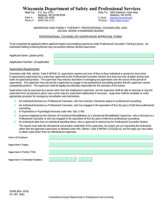 Professional Counselor Supervisor Approval Form screenshot