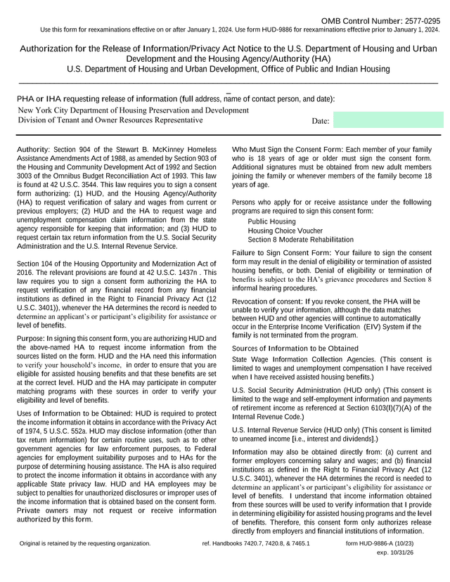 HUD 9886 A Authorization For The Release Of InformationPrivacy Act Notice screenshot