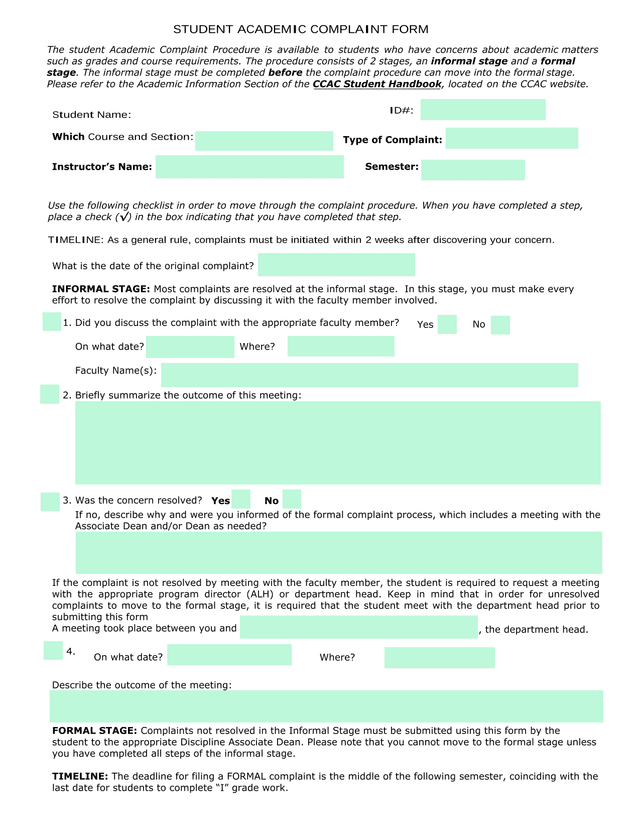 STUDENT ACADEMIC COMPLAINT FORM screenshot