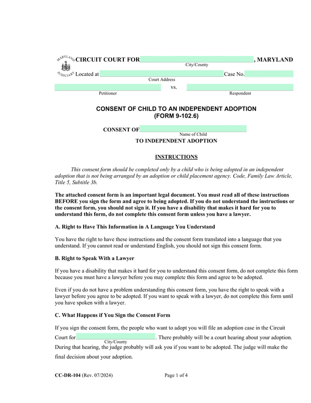 Consent Of Child To An Independent Adoption (Form 9 102.6) screenshot