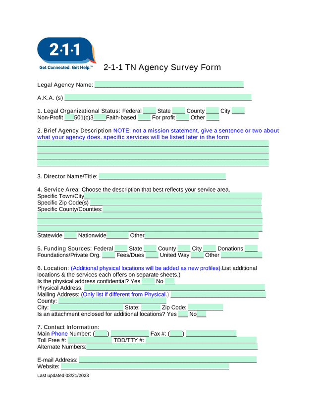 2 1 1 TN Agency Survey Form screenshot