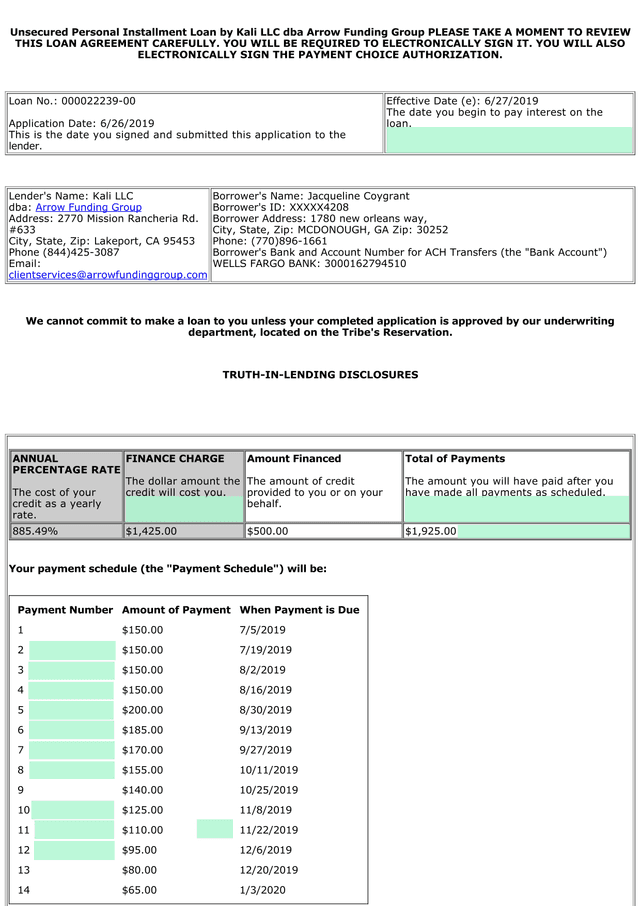 Unsecured Personal Installment Loan Agreement screenshot