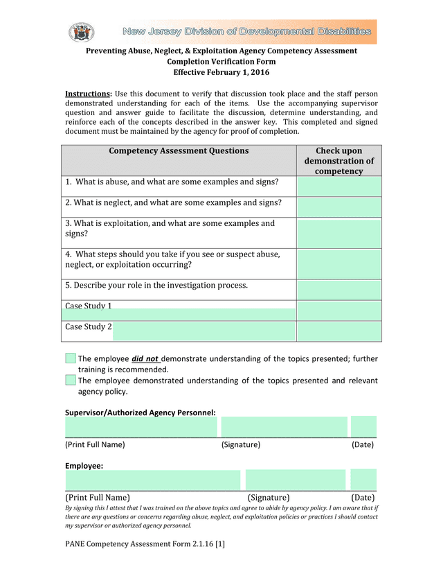 Preventing Abuse, Neglect,  Exploitation Agency Competency Assessment Completion Verification Form screenshot